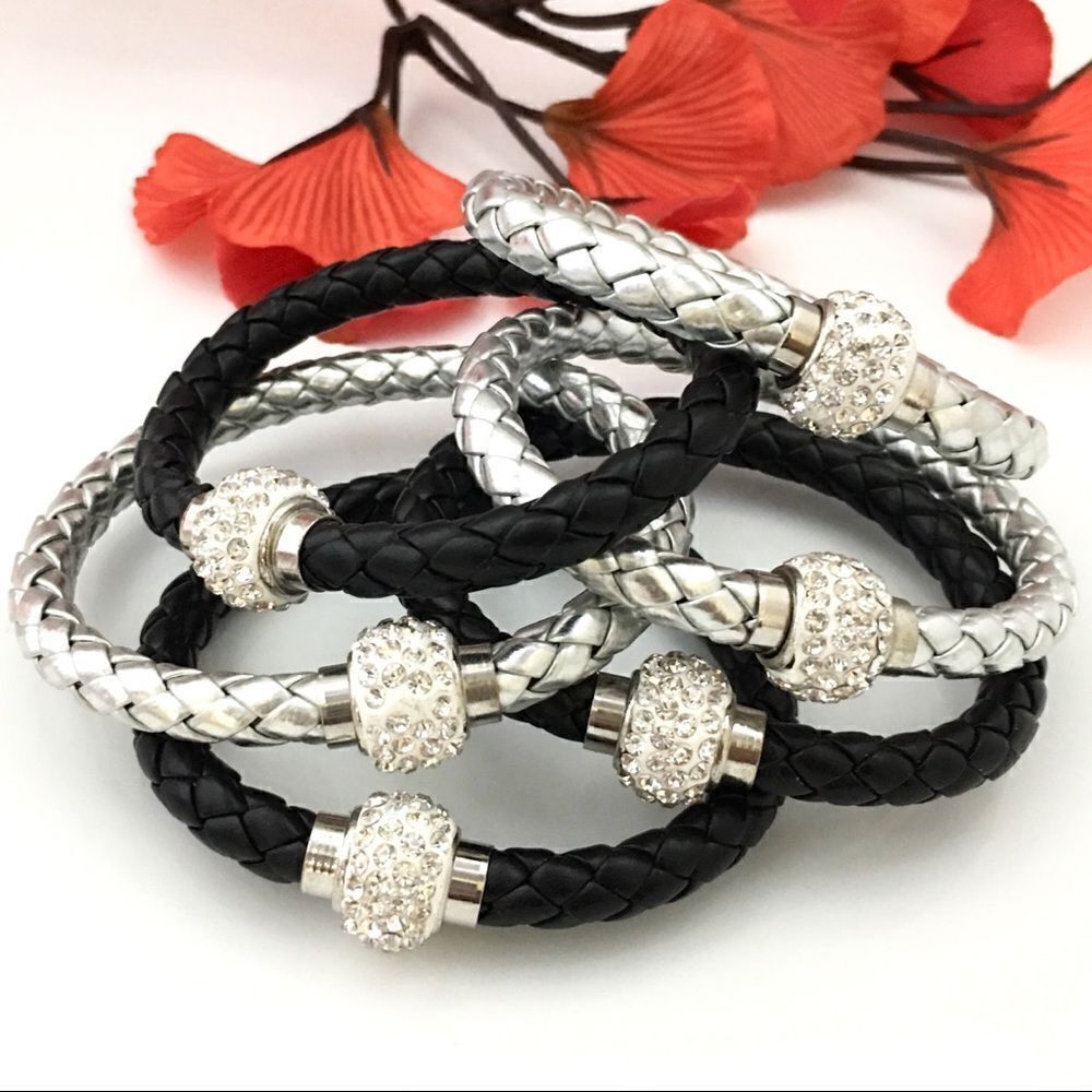 6 Cute Magnetic Disco Ball Rhinestones Clasp Silver & Black Bracelets 1046 - Picture 2 of 4
